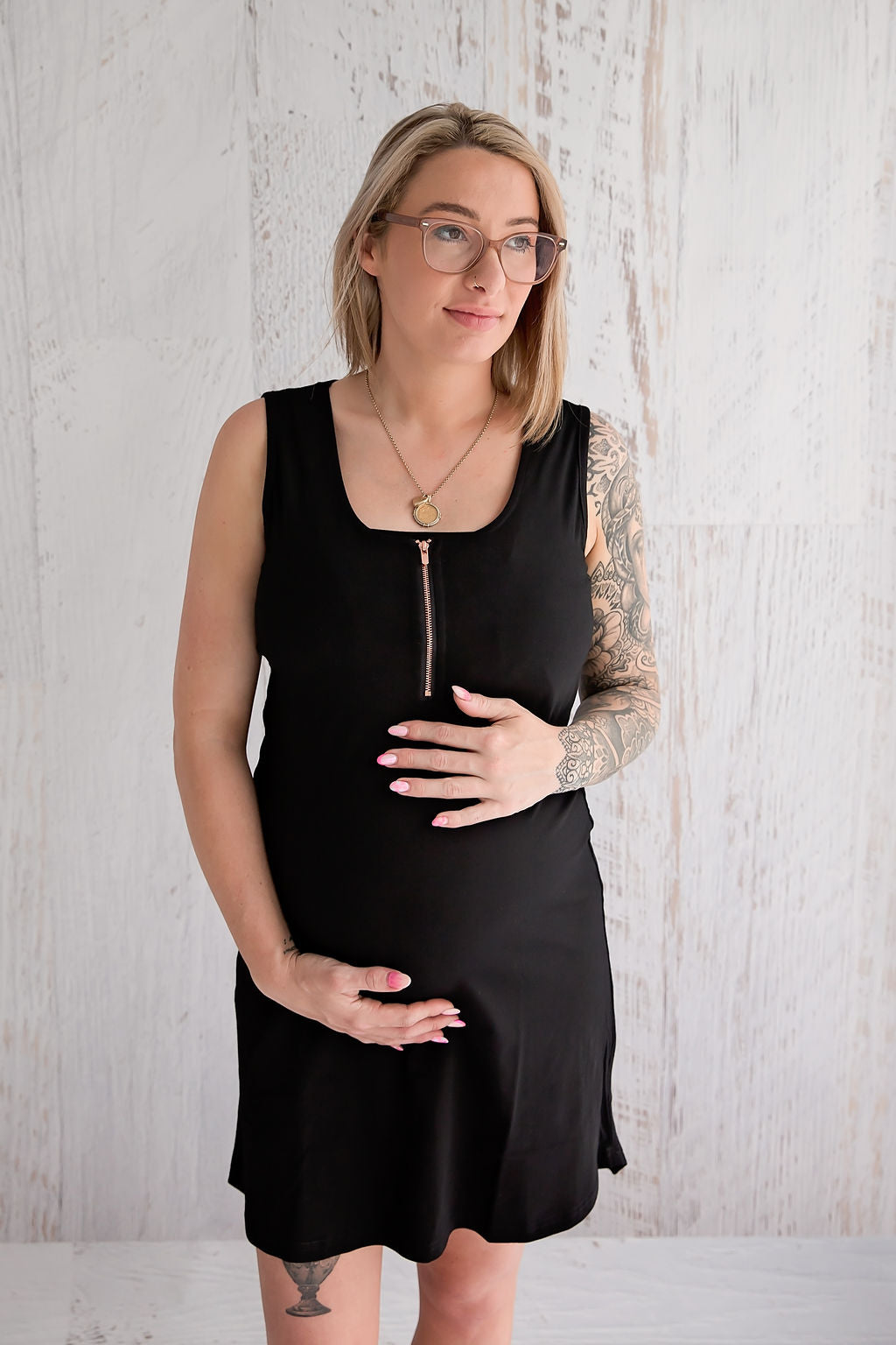 Black Knee Length Breastfeeding Dress Rose Gold Zipper & Sleeveless Flourish Maternity Black Knee Length Breastfeeding Dress Rose Gold Zipper & Sleeveless Flourish Maternity