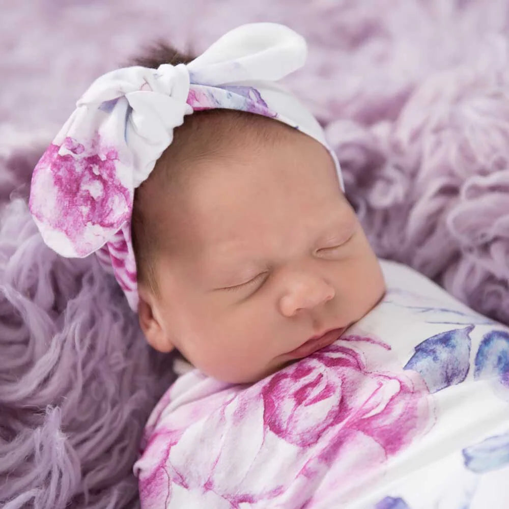 Lilac Skies Baby Jersey Wrap and Topknot set - Flourish Maternity NZ Online Maternity, postpartum, mum and baby shop New Zealand