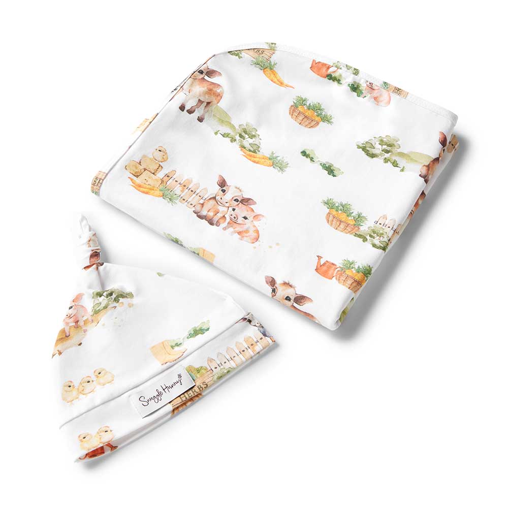 Flourish Maternity New Zealand - Snuggle Hunny Kids Farm Organic cotton wrap and beanie set - NZ online mum and baby shop