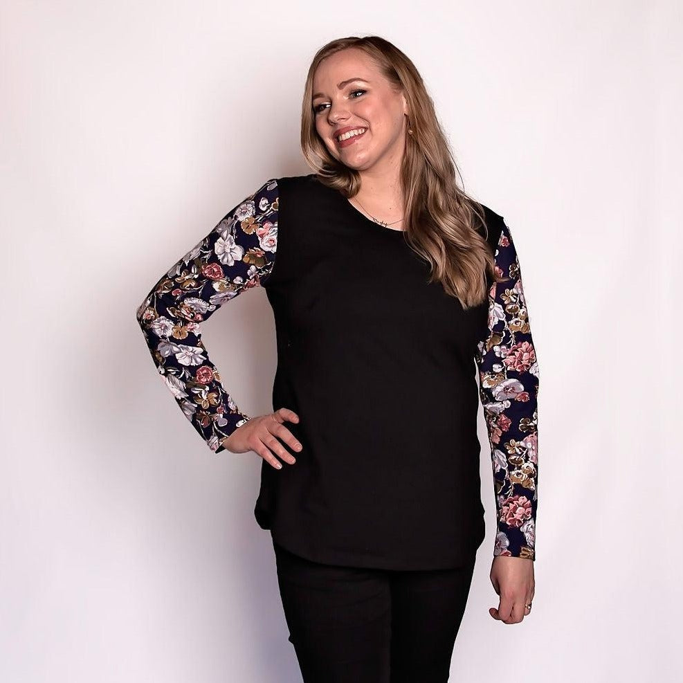 Black Floral Long Sleeve Top-Long Sleeve Breastfeeding Tops NZ Flourish Maternity