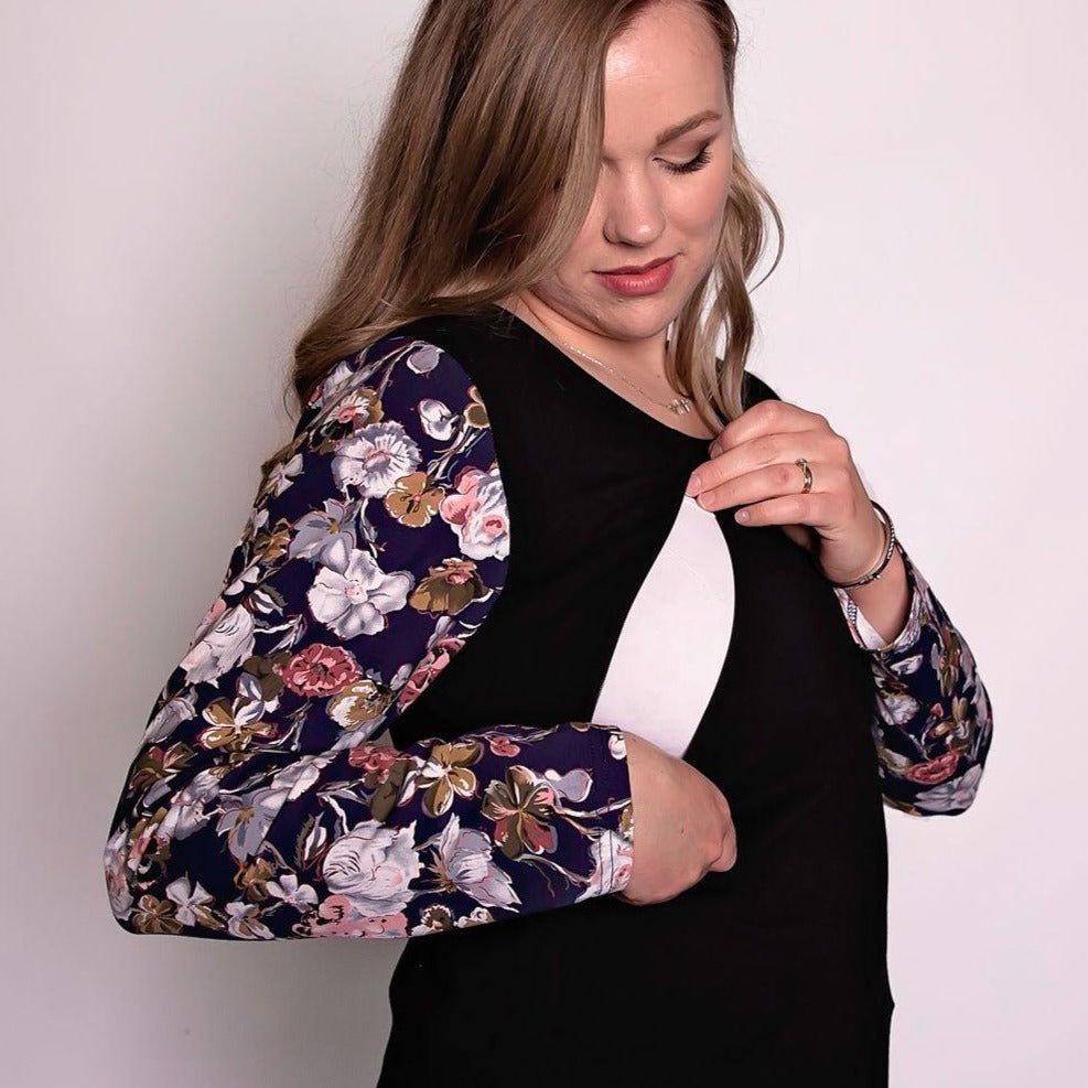Black Floral Long Sleeve Top-Long Sleeve Breastfeeding Tops NZ Flourish Maternity