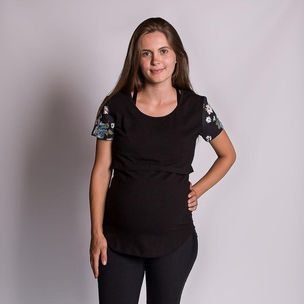 Black Floral Sleeve Tee - Flap-Breastfeeding t-shirt NZ, Maternity t-shirt NZ, Flourish Maternity