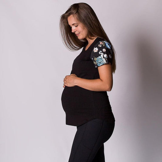 Black Floral Sleeve Tee - Flap-Breastfeeding t-shirt NZ, Maternity t-shirt NZ, Flourish Maternity