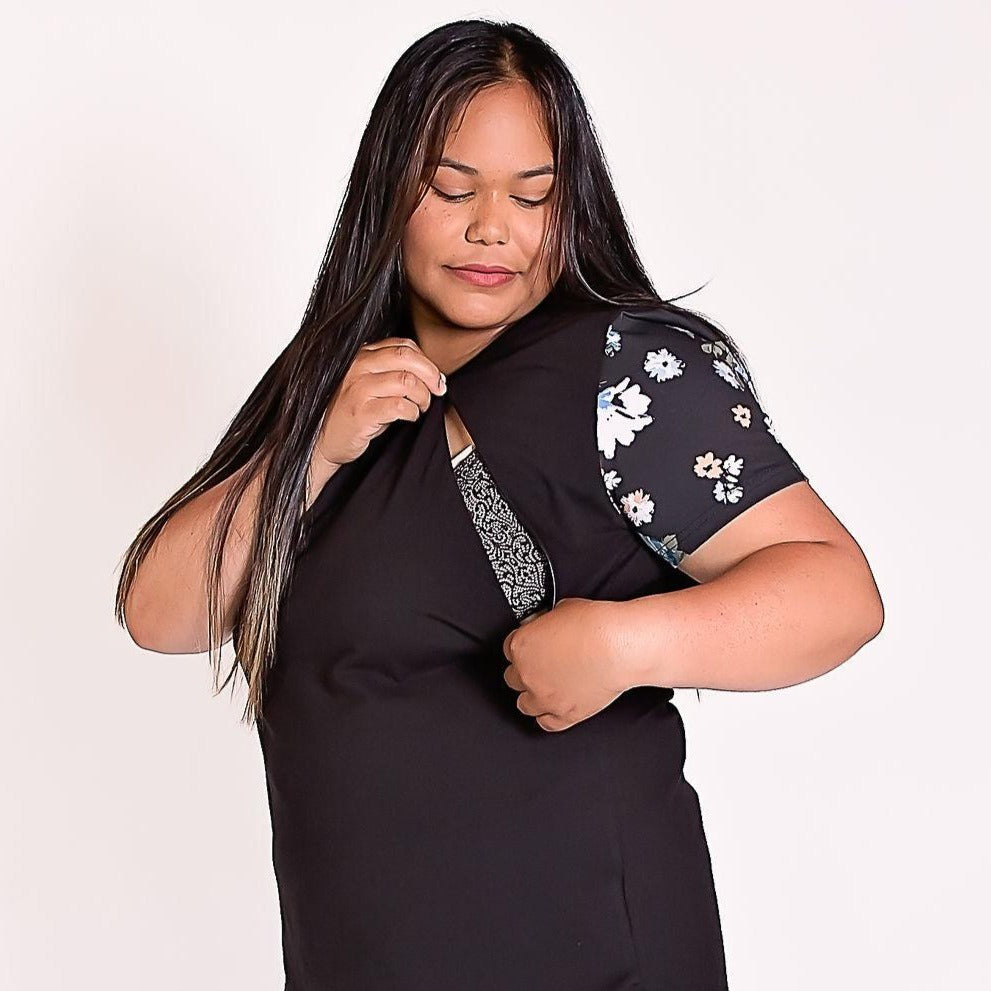 Black Floral Sleeve Tee - Zippers-Breastfeeding t-shirt NZ, Maternity t-shirt NZ, Flourish Maternity