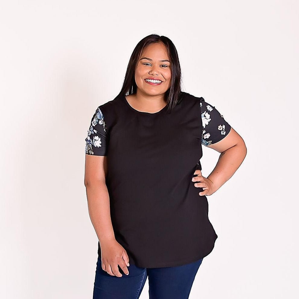 Black Floral Sleeve Tee - Zippers-Breastfeeding t-shirt NZ, Maternity t-shirt NZ, Flourish Maternity