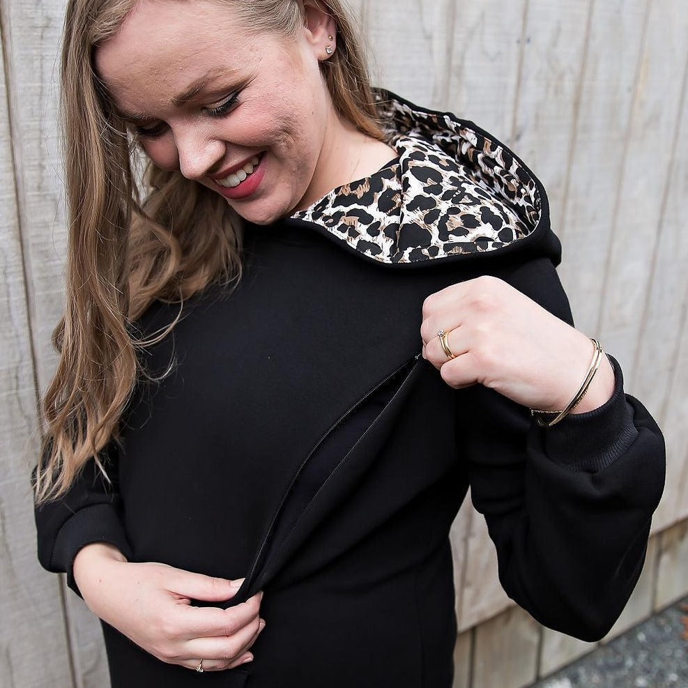 Maternity and breastfeeding hoodie, Black with leopard print hood. Flourish Maternity NZ