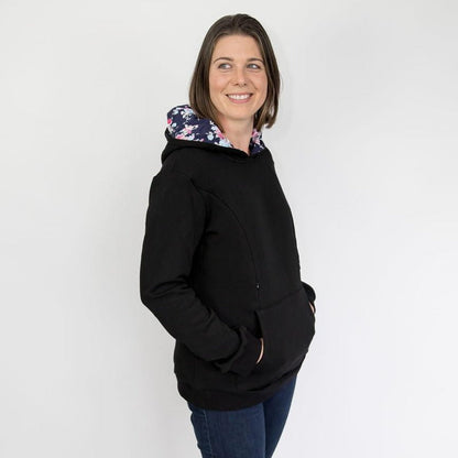Breastfeeding Hoodie. Maternity Hoodie. Black floral Nursing Hoodie.  Maternity Jumper. Flourish Maternity Designed in NZ