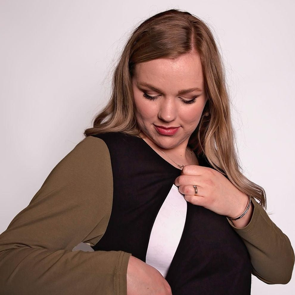 Black/Khaki Long Sleeve Top-Long Sleeve Breastfeeding Tops NZ Flourish Maternity