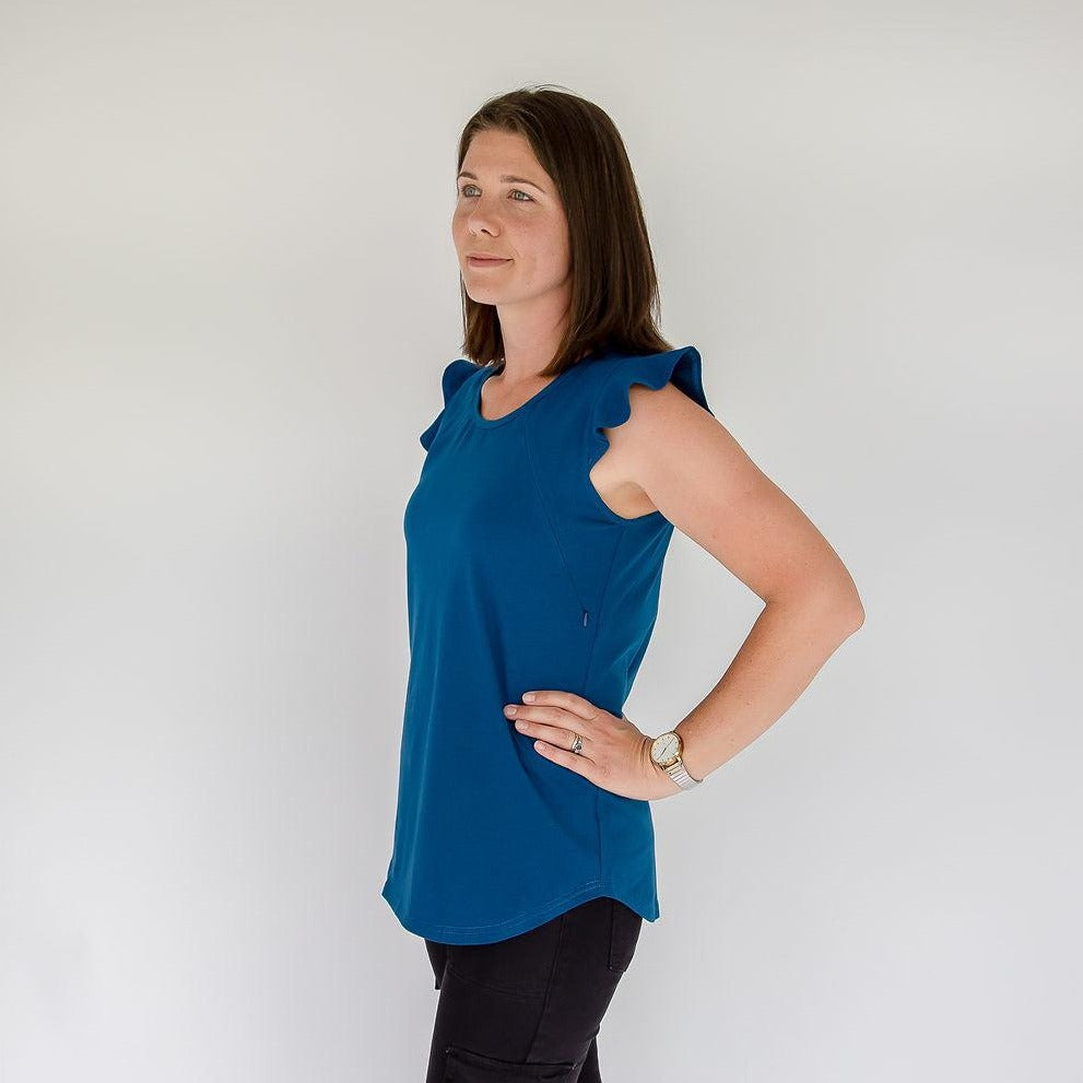 Blue Ruffle Sleeve Tee-Breastfeeding t-shirt NZ, Maternity t-shirt NZ, Flourish Maternity