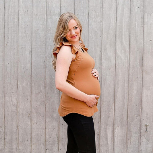 Caramel Ruffle Sleeve Tee-Breastfeeding t-shirt NZ, Maternity t-shirt NZ, Flourish Maternity