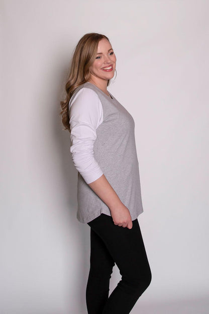 Grey/White Long Sleeve Top-Long Sleeve Breastfeeding Tops NZ Flourish Maternity