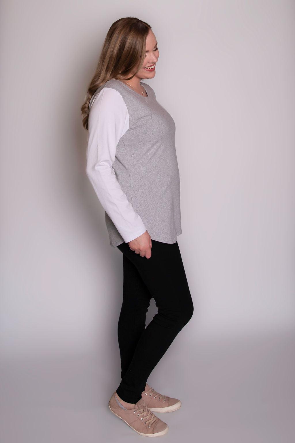Grey/White Long Sleeve Top-Long Sleeve Breastfeeding Tops NZ Flourish Maternity