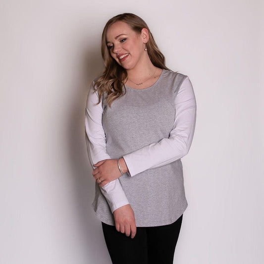 Grey/White Long Sleeve Top-Long Sleeve Breastfeeding Tops NZ Flourish Maternity