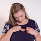 Peach Bloom Floral Sleeve Tee in Navy - Flap-Breastfeeding t-shirt NZ, Maternity t-shirt NZ, Flourish Maternity. Close up of discrete breastfeeding access tee shirt