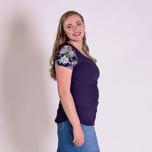 Peach Bloom Floral Sleeve Tee in Navy - Flap-Breastfeeding t-shirt NZ, Maternity t-shirt NZ, Flourish Maternity