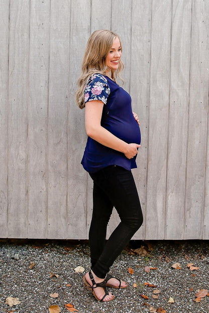 Peach Bloom Floral Sleeve Tee in Navy - Zippers-Breastfeeding t-shirt NZ, Maternity t-shirt NZ, Flourish Maternity