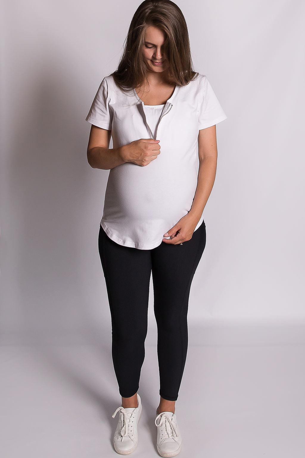 Rose Gold Zipper Tee - White-Breastfeeding t-shirt NZ, Maternity t-shirt NZ, Flourish Maternity
