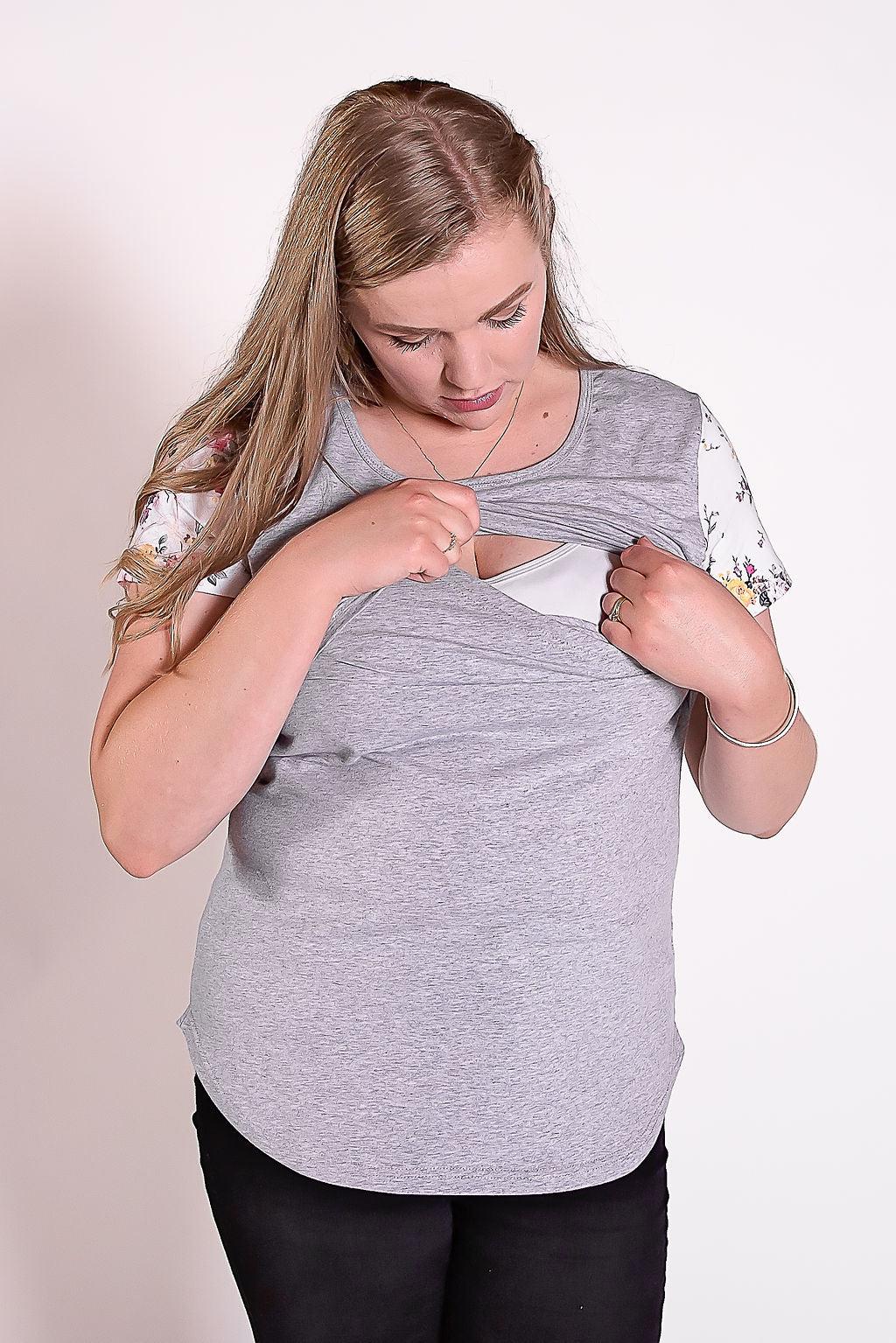 Summer Floral Sleeve Tee in Grey - Flap-Breastfeeding t-shirt NZ, Maternity t-shirt NZ, Flourish Maternity