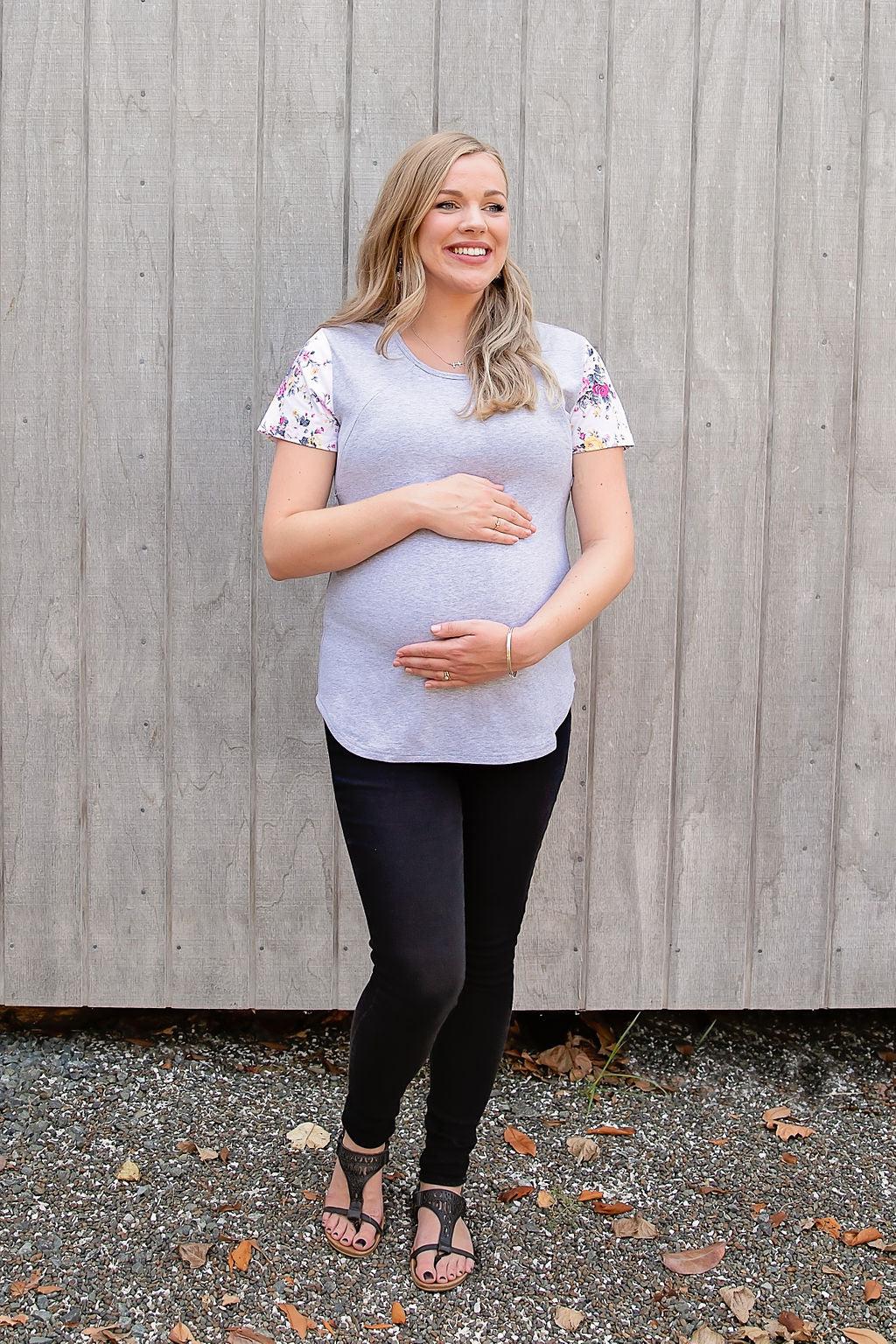 Summer Floral Sleeve Tee in Grey - Zippers-Breastfeeding t-shirt NZ, Maternity t-shirt NZ, Flourish Maternity