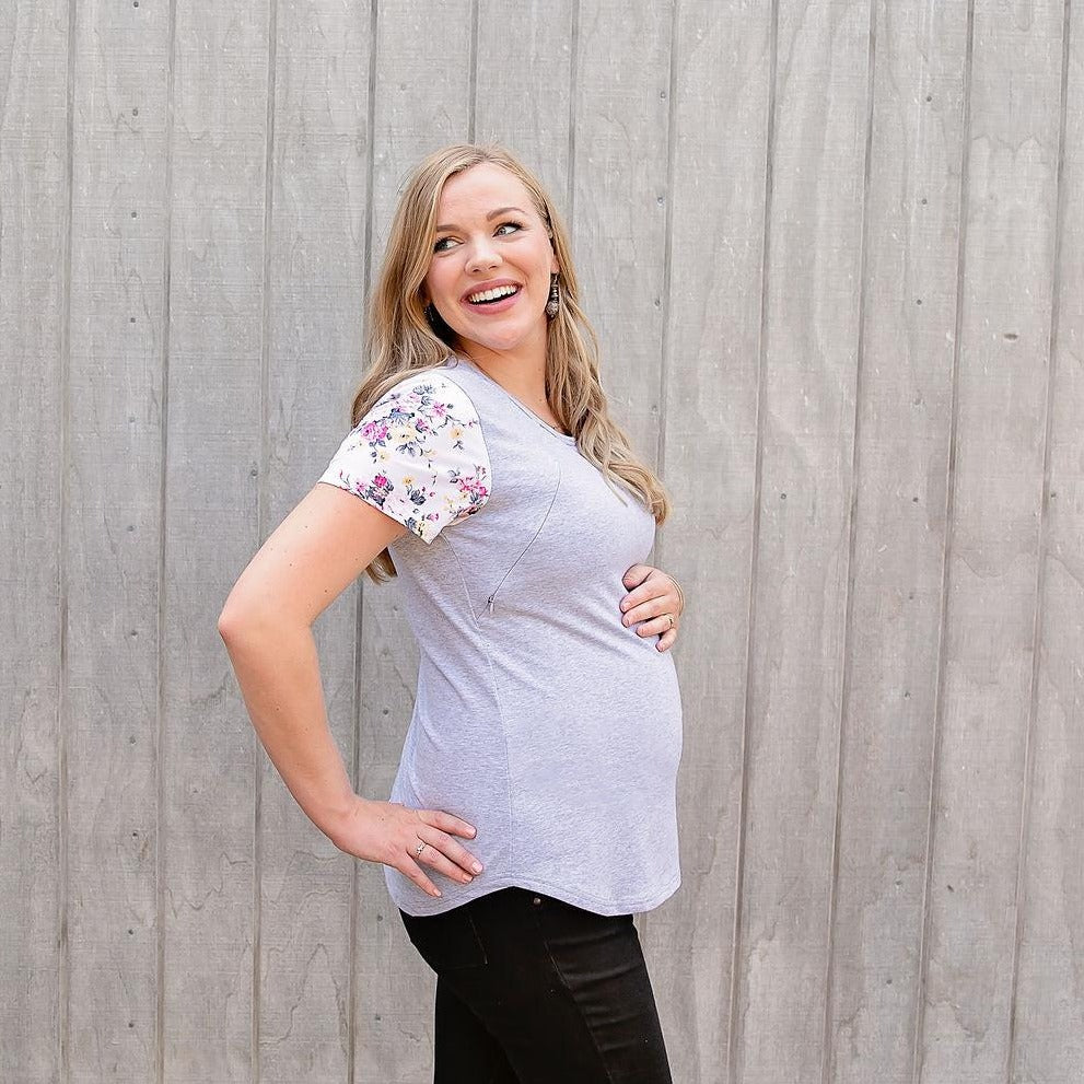 Summer Floral Sleeve Tee in Grey - Zippers-Breastfeeding t-shirt NZ, Maternity t-shirt NZ, Flourish Maternity