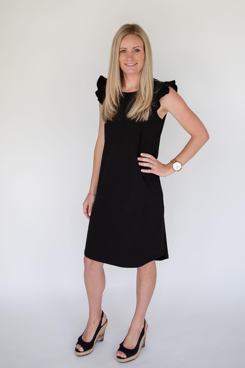 Black Ruffle Sleeve Dress-Flourish Maternity Breastfeeding Dresses NZ Maternity Dresses NZ