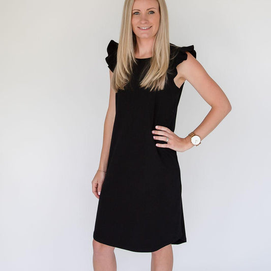 Black Ruffle Sleeve Dress-Flourish Maternity Breastfeeding Dresses NZ Maternity Dresses NZ