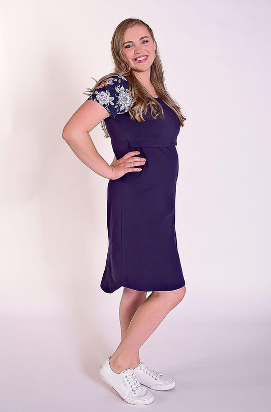 Peach Bloom Floral Sleeve Dress in Navy - Flap-Flourish Maternity Breastfeeding Dresses NZ Maternity Dresses NZ