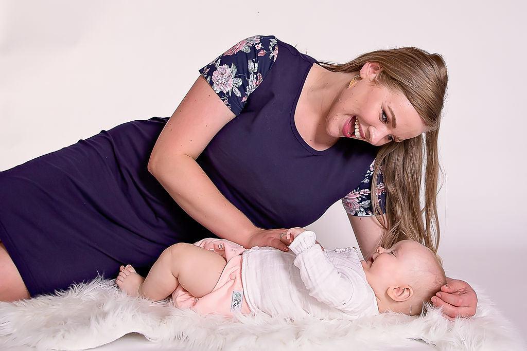 Peach Bloom Floral Sleeve Dress in Navy - Flap-Flourish Maternity Breastfeeding Dresses NZ Maternity Dresses NZ