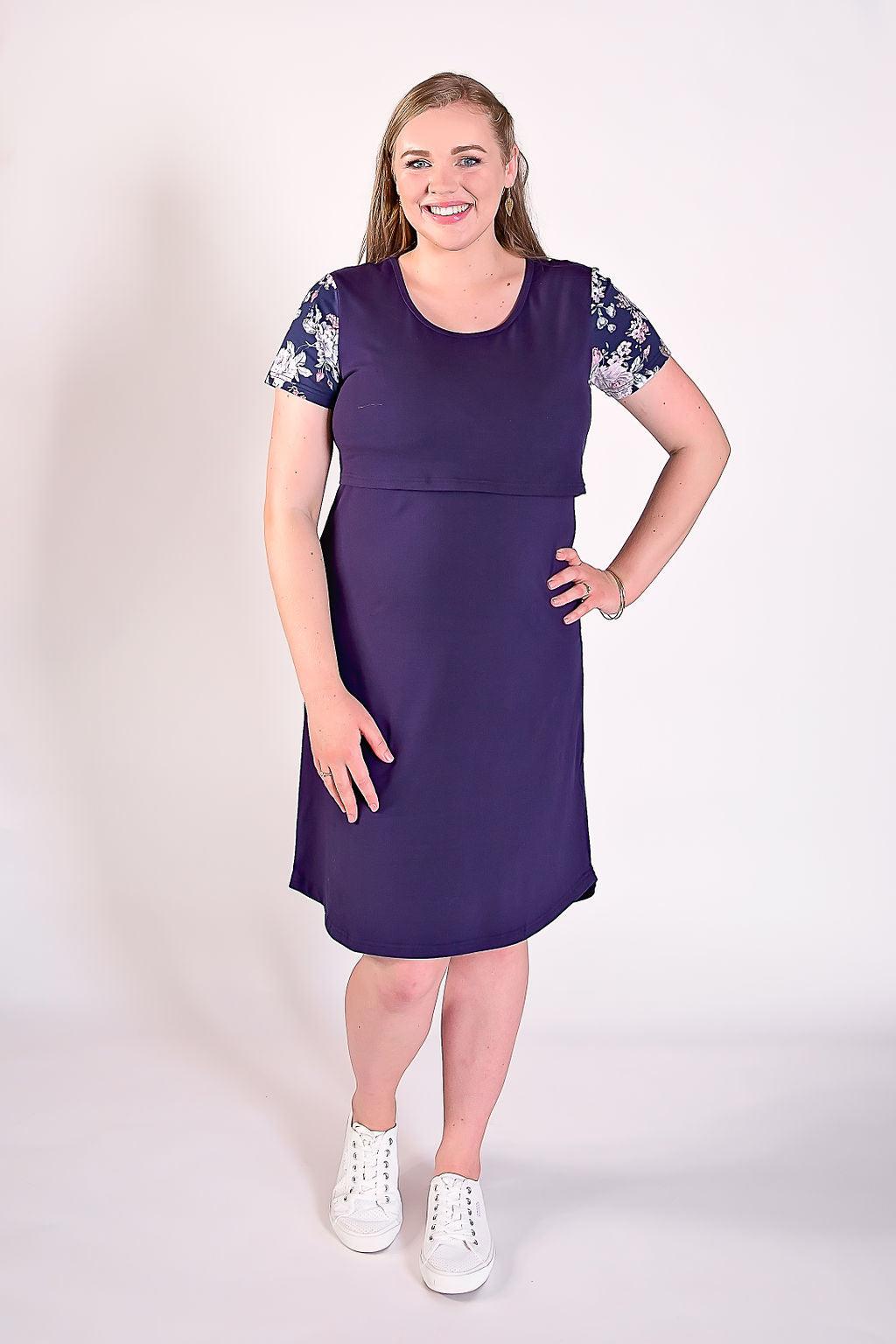 Peach Bloom Floral Sleeve Dress in Navy - Flap-Flourish Maternity Breastfeeding Dresses NZ Maternity Dresses NZ