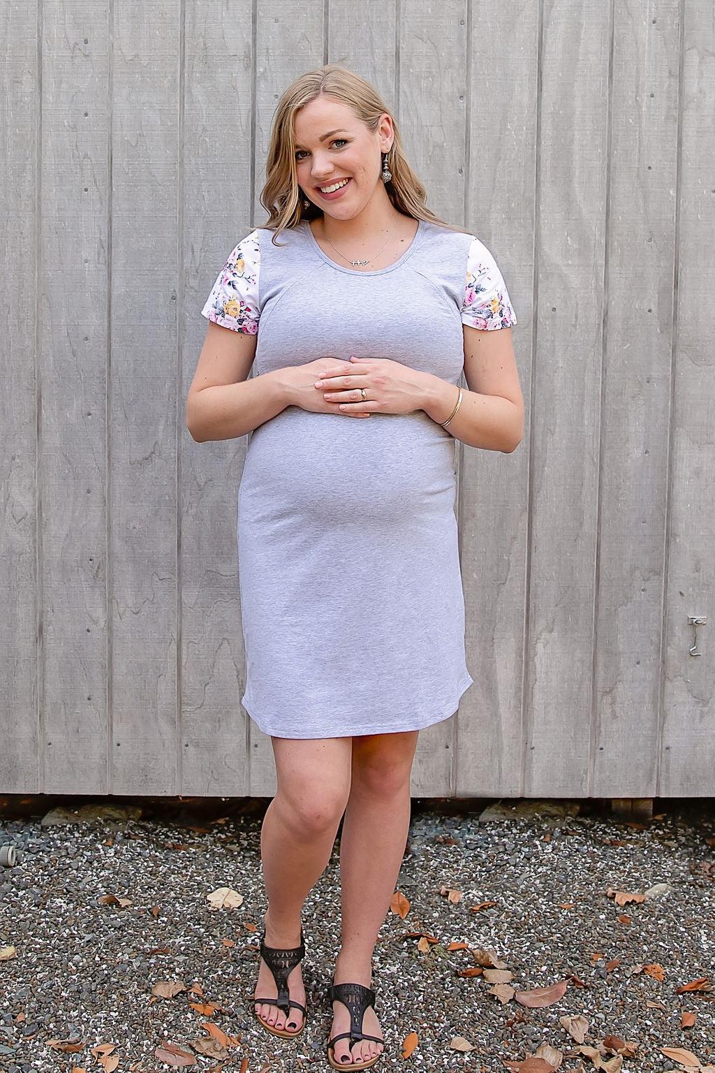 Summer Floral Sleeve Dress in Grey - Zippers-Flourish Maternity Breastfeeding Dresses NZ Maternity Dresses NZ