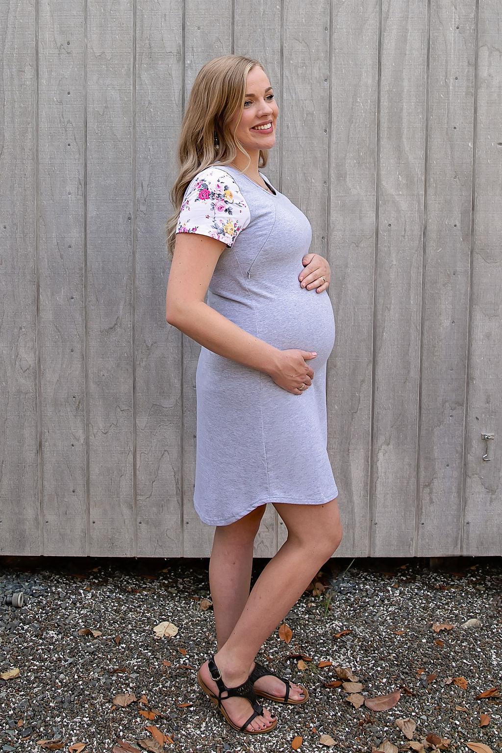 Summer Floral Sleeve Dress in Grey - Zippers-Flourish Maternity Breastfeeding Dresses NZ Maternity Dresses NZ
